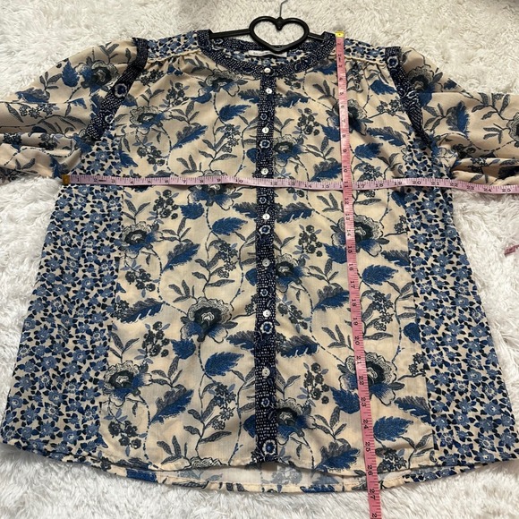 See And Be Seen Womens Blue Cream Floral Mixed Print Lace Trim Blouse Large - Picture 9 of 9